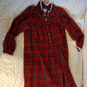Lanz of Salzburg Women’s Plaid Nightgown – Button Up – Lace Trim – Red – Size S